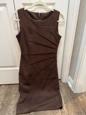 Calvin Klein Dark Brown Sleeveless Sheath Dress with Diagonal Pleat Detail